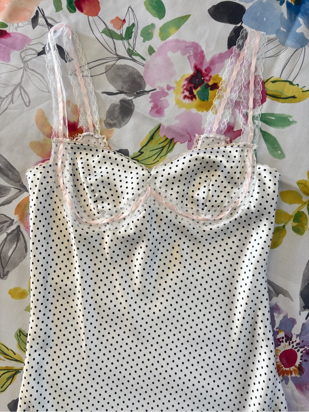 PINK - Polka Dot Satin Mini Slip Dress - White/Black
